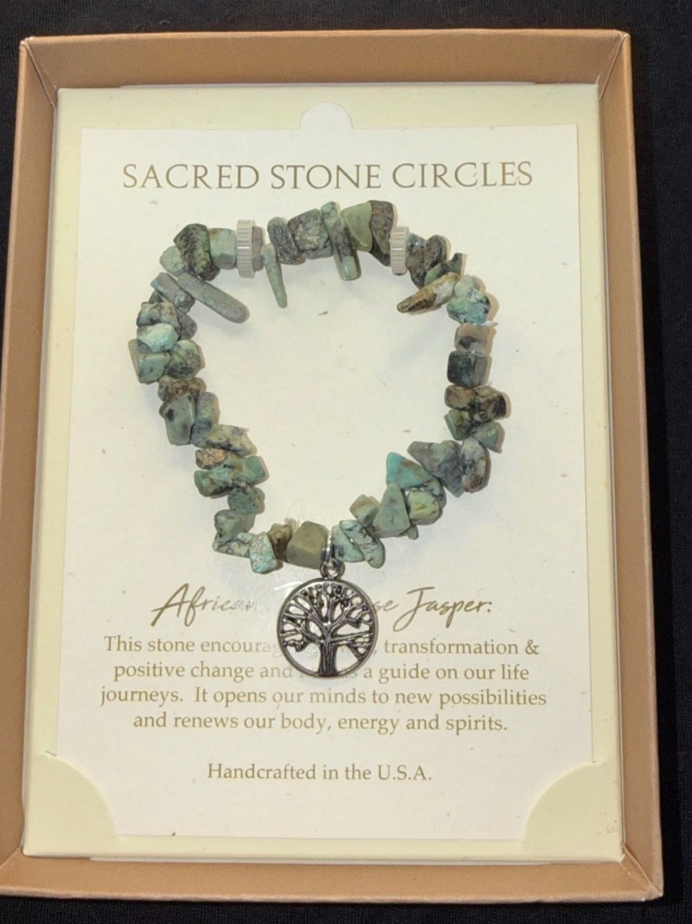 Sacred Stone Circles African Turquoise Jasper Chip Bracelet Tree of Life Charm